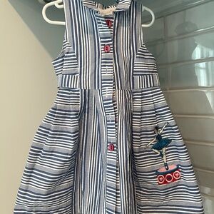 Girls Blue and White Striped Button-Front Dress with Embroidered Ballerina